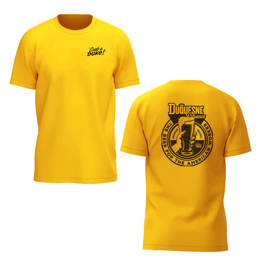 Duquesne Brewing Company “Grab a Duke!” Yellow T-Shirt Pilsener Glass Edition (Free Keychain with purchase)